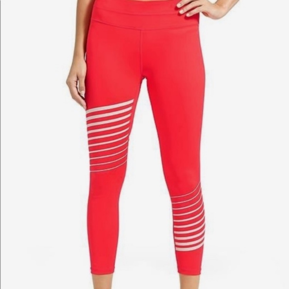 Athleta Neon Coral White Stripe 7/8 Length Leggings Size S